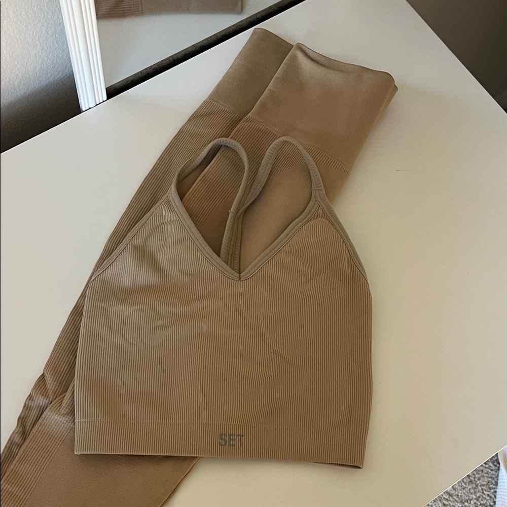 SET Active Seamless Ribbed Bralette & Leggings Set - Taupe
